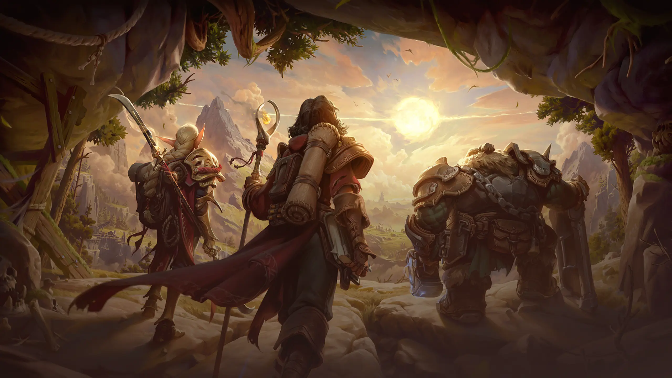 Three adventurous characters emerge from a cave and look out on a stunning fantasy environment: lush landscape, rocky mountains, quaint villages, and a bright sun in the sky casting beams across the horizon.
